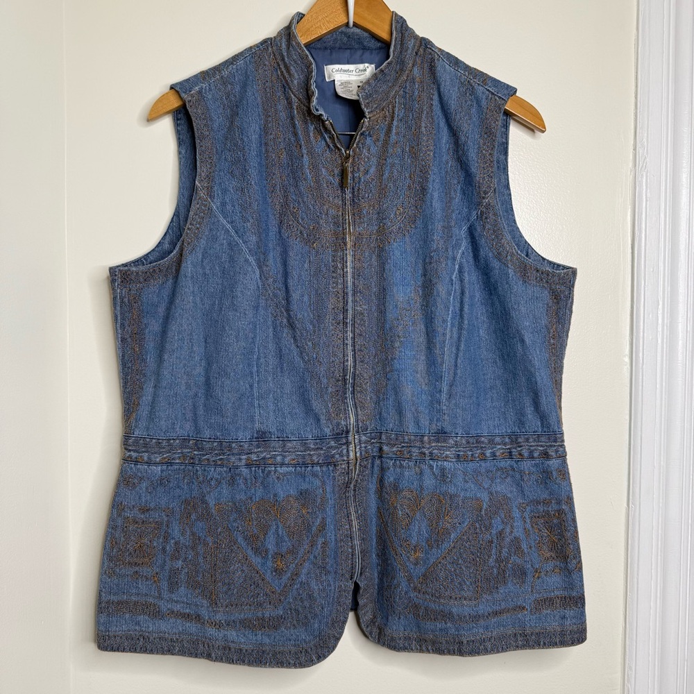 Coldwater Creek Denim Embroidered Vest Women’s Size 1X Zip Up Boho